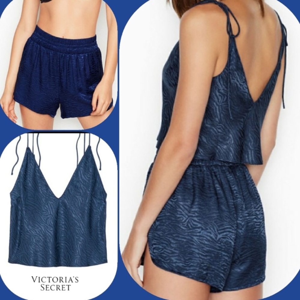 Small top medium bottoms: Victoria’s Secret blue satin zebra print pajamas